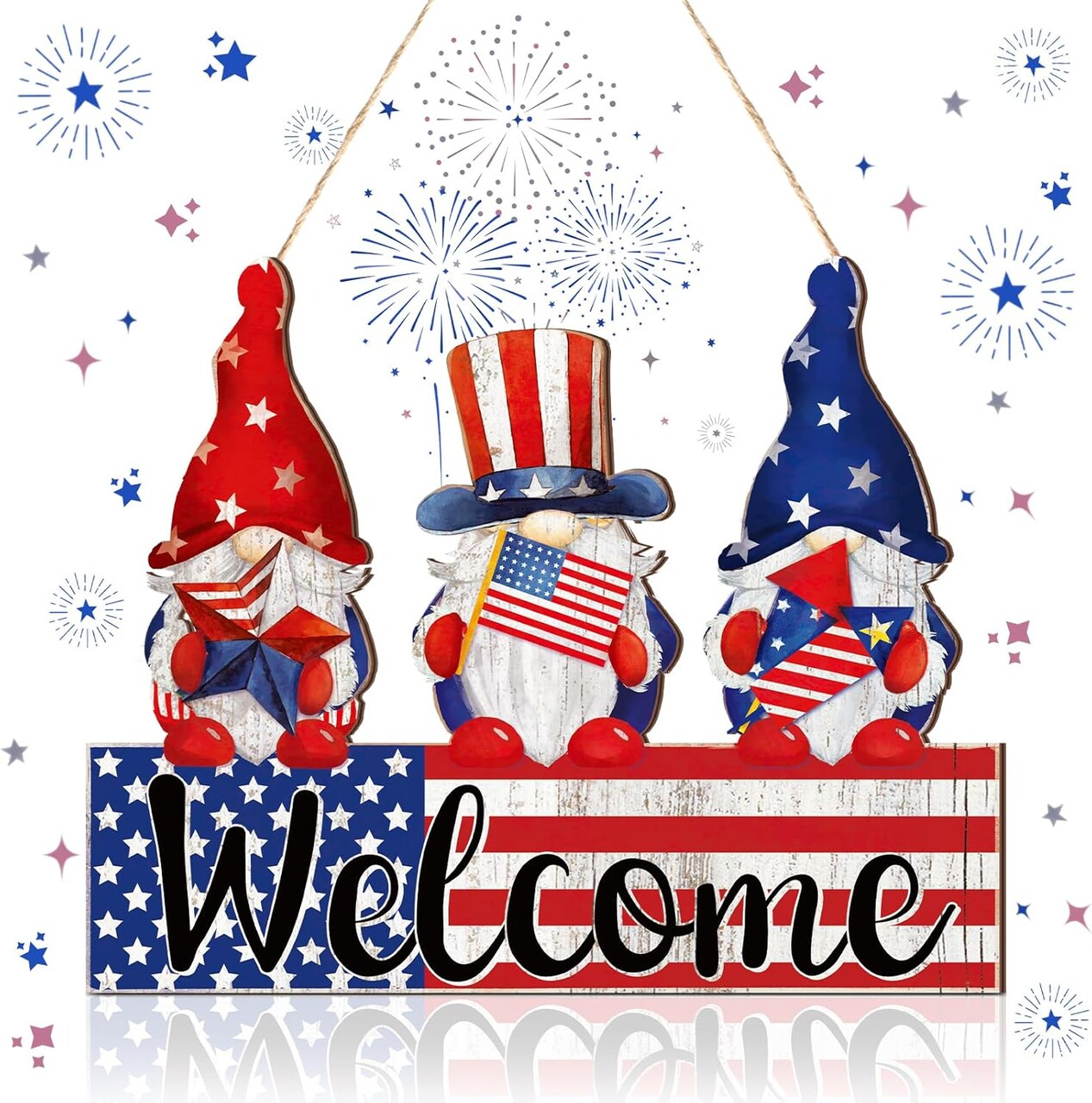 Welcome Door Sign Decoration Patriotic Gnome Wooden Hanging Decor Memorial Day American Flag Decor Independence Day Red Blue White Door Hanger for Front Door Porch Wall Outdoor